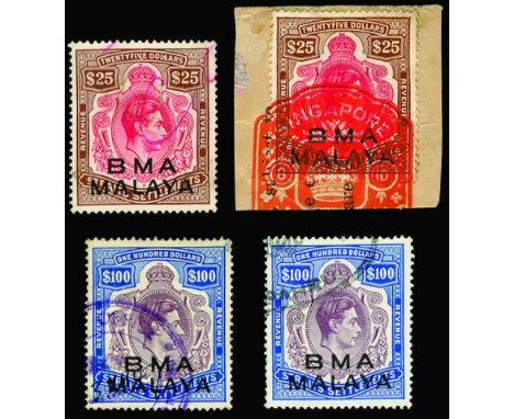 Revenue Stamps: 1945 $25 red and brown and $100 dull purple and ultramarine (Barefoot 1/2) two examples of each, variously us