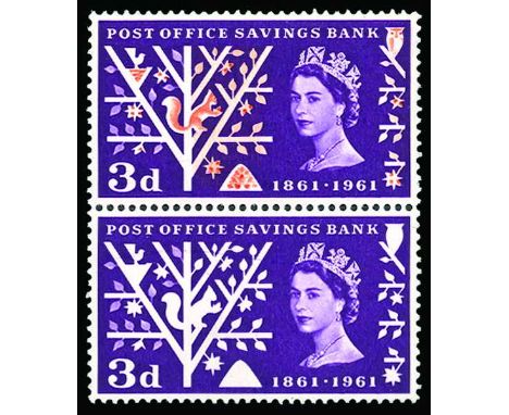 1961 Post Office Savings Bank 3d in vertical pair (SG 624Aa) , lower stamp showing 'Orange-brown omitted' error, one small gu