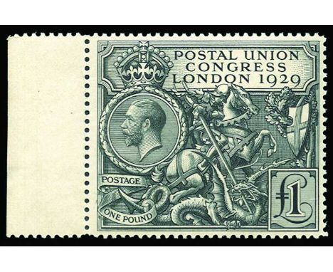 1929 Postal Union Congress £1 black (SG 438) u/m from the left of the sheet, usual overall gum toning and with small violet h