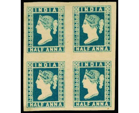 1894(?) ½a lithographic transfer in blue on thin yellowish unwatermarked paper, (Spence 98) block of four, pos. 81/82-89/90, 