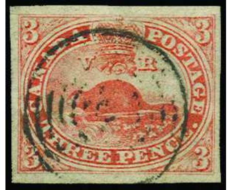 1851 Imperforate, laid paper,  3d red 'Beaver' (SG 1) four good to large margins, used with light target cancellation, small 
