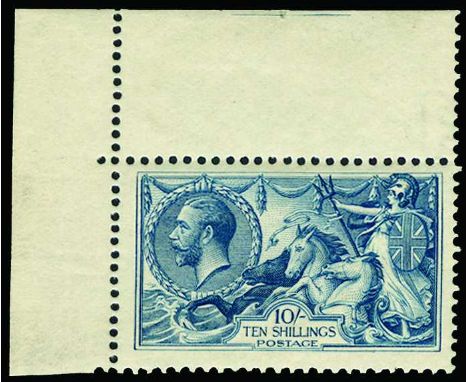 1918-19 Bradbury Wilkinson Seahorses 2s 6d reddish brown, 5s rose-carmine and 10s dull grey-blue (SG 415, 416 variety, 417), 