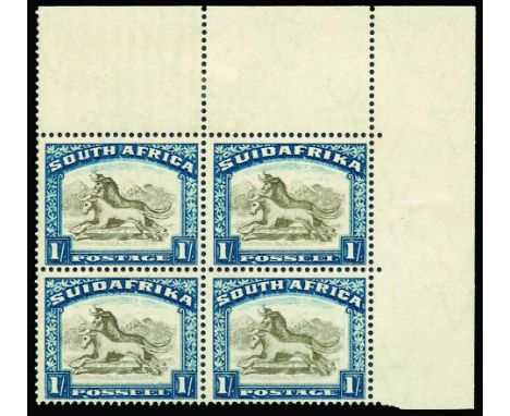 1930-44 1s brown and deep blue, upper right corner block of 4, upper pair with "twisted horn" variety (SG 48/48c), light bend
