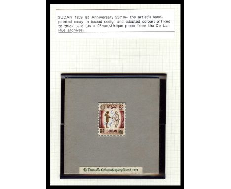 1959 First Anniversary of Army Revolution 55m, the artist's hand painted essay in the colours of the issued stamp, mounted on