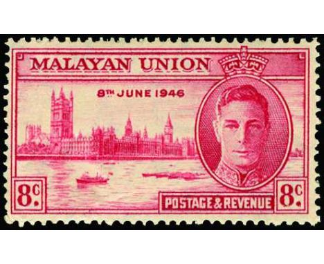 1946 Prepared for use but not issued Malayan Union Victory 8c carmine u/m, couple of shortish perfs and somewhat toned as usu