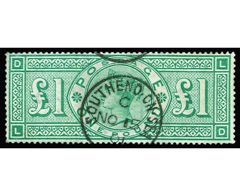 1887-92 Jubilee £1 green (SG 212) lettered LD used by central Southend on Sea cds for November 15 1901, a few blunt perfs and