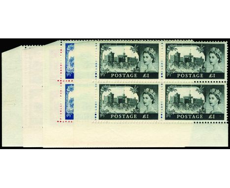 1959-68 De La Rue 'Castles' 2s6d to £1 (SG 595/8) u/m corner marginal blocks of four from the lower left of the sheet, fresh 