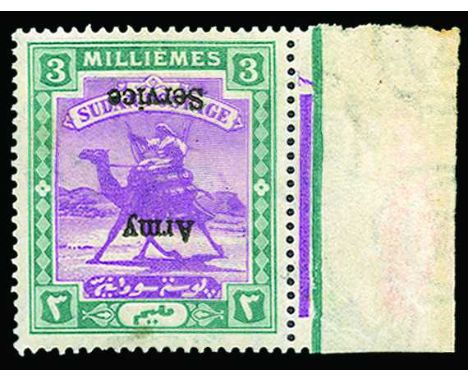 Army Service: 1906-11 watermark star and crescent 3m mauve and green, right marginal. error overprint inverted (SG A8a) , fre
