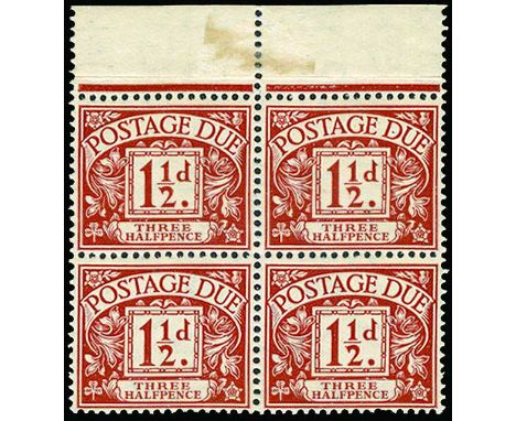 Postage Dues: 1924-31 1½d chestnut (SG D12) top marginal block of four, one short perf at bottom, u/m, cat £640