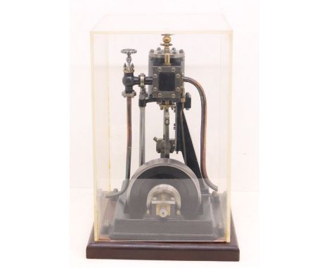 Live Steam: A scratch built, single cylinder, vertical live steam engine, upon wooden base, measuring approx. 28cm x 24cm, en