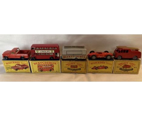 Matchbox: A collection of five Matchbox diecast boxed vehicles, Ferrari Racing Car 73, London Bus 5, Jeep Gladiator, 71, Fire
