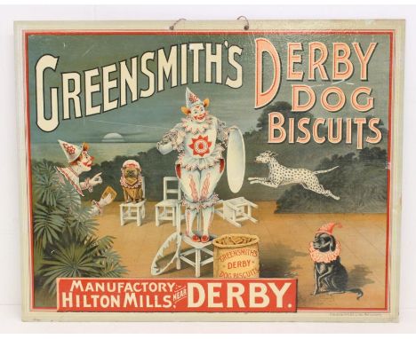 Advertising: A mid-20th century, Greensmith's Derby Dog Biscuits, card advertising poster, 'Manufactory Hilton Mills near Der