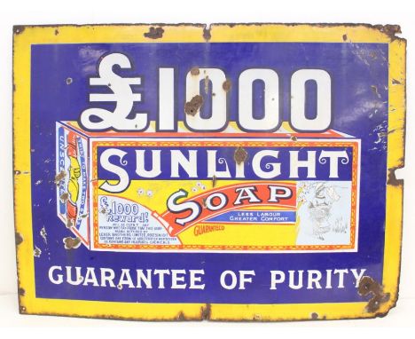 Advertising: A 'Sunlight Soap', original enamel sign, '£1000 Sunlight Soap Guarantee of Purity'. General wear and rusting to 