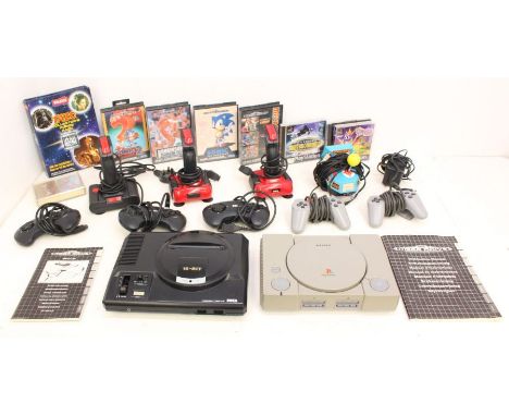 Video Games: An unboxed Sega Mega Drive console, complete with cables, three controllers, three joystick controllers, four ca