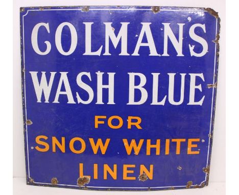Advertising: A 'Colman's Wash Blue', original enamel sign, 'Colman's Wash Blue For Snow White Linen'. General wear and rustin