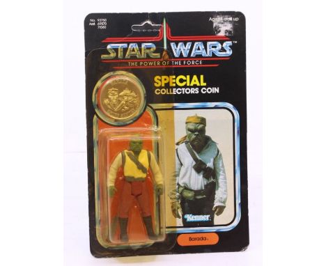 Star Wars: A Star Wars: The Power of the Force, Kenner, Barada, 1984, 92 card back, carded. unpunched, bubble is yellowed, we