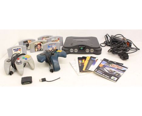 Nintendo: An unboxed Nintendo 64 console, with two controllers and adapters, together with a collection of six unboxed game c