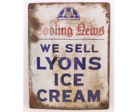 Lyons: A rectangular enamel sign, J. Lyons &amp; Co, 'Cooling News We Sell Lyons Ice Cream', original, some rust damage. Meas
