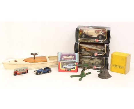 Diecast: Four boxed Bburago diecast vehicles, together with a Brimtoy tinplate bus and Triang Minic car, both in non-working 