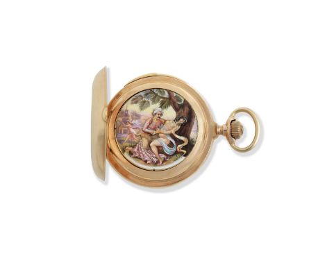 LeCoultre &amp; Co. A 14K gold keyless wind minute repeating full hunter pocket watch with erotic automatonDate: Circa 1890Mo