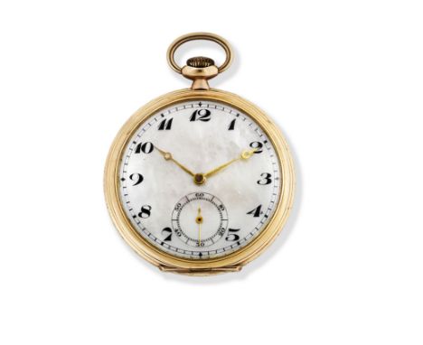 A 9K gold keyless wind open face pocket watch with mother of pearl dialDate: Edinburgh Import mark for 1928Movement: Swiss le
