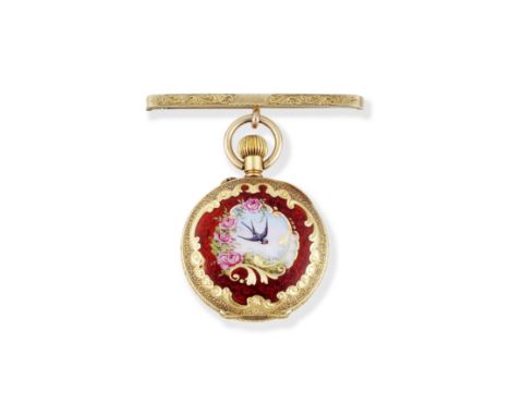 An 18K gold and enamel keyless wind open face pocket watchDate: Circa 1890Movement: Gilt finish Swiss lever, 3-arm balanceDia