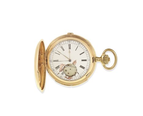 An 18K gold keyless wind carillon minute repeating chronograph full hunter pocket watch sold as foundDate: Circa 1890Movement