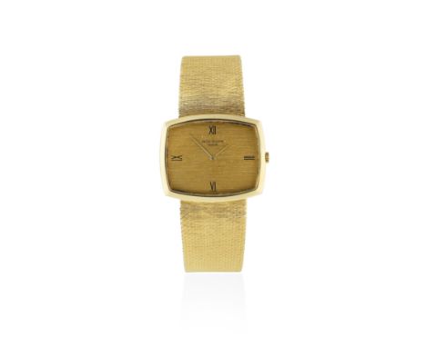 Patek Philippe. An 18K gold manual wind cushion form bracelet watchModel: GondoloReference: 3528/1Date: Circa 1970Movement: 1