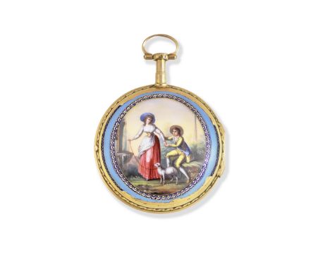 Retailed by 'Breguet'. A continental gold key wind open face pocket watch with enamel scene to reverseDate: Circa 1790Movemen