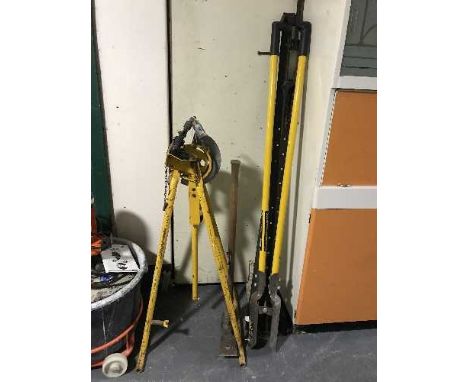 A hilmor type EL2 shorty pipe bender together with a fence post digger, pick-axe and three sash clamps