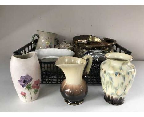A crate of brass coal bucket, plated teapot, West German vase, Radford vase, Denby borne vase etc 
