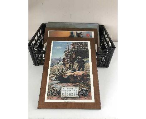 A quantity of framed prints on boards - deer by Roger Preuss, geese by Les C. Kouba, savage ammunition prints, calendar etc 