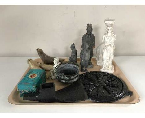A tray of three terracotta figures - Ottoman soldiers, a cast metal axe-head, two chalk figures etc