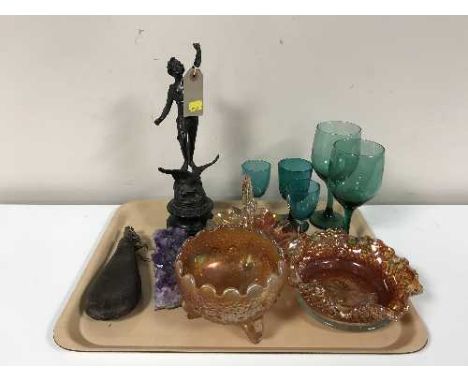 Three pieces of carnival glass, spelter figure, leather powder flask, amethyst rock sample, together with a quantity of Mason