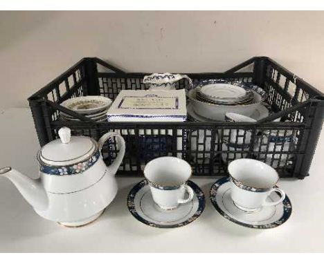 A crate of Noritake Legendary tea service, Masons willow jug, Ringtons teapot, five Royal Doulton seasons plates etc