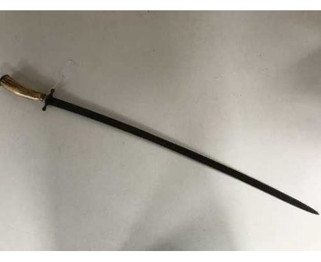A 19th century hunting sword or hanger, probably German, with 72cm slightly curved, fullered blade, the stag antler grip carv