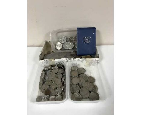 Four containers of British 19th century coins inc two Britons first decimal coin sets, crowns, George VI half crowns, shillin