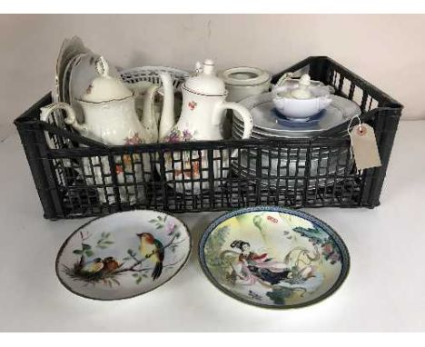 Two boxes containing assorted continental china including teapots, dinnerware, wall plates, large Villeroy and Boch wash basi