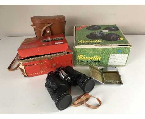 A set of Henselite bowls, chrome Calabri monocople cigarette case lighter and a pair of boxed Frank Aldis binoculars in leath