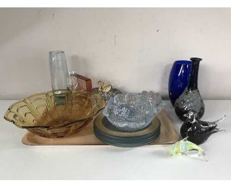 Assorted glassware including a Danish studio glass spill vase, Holmgaard glass bowls, animal ornaments, paperweight etc