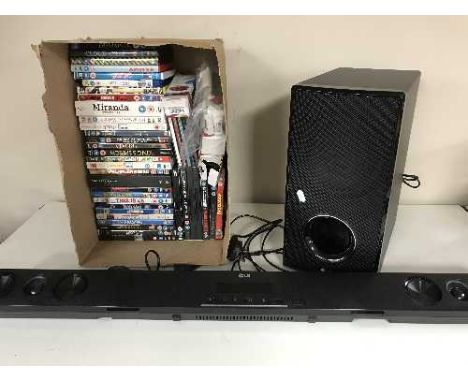 A LG soundbar and speaker together with a box containing assorted DVD's, CD's, 3D glasses etc