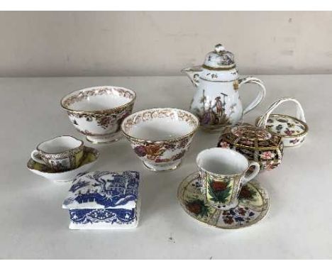 A tray of quantity of miniature cabinet pieces - Meissen teapot, Crown Derby finger bowls, lidded trinket dish etc 