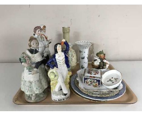 A tray of assorted figures, Staffordshire figure of Jack Tar, Hummel figure, plates including Noritake, Spode etc 