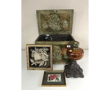 A brass embossed coal box of framed tile, oil lamp, candles holders etc 