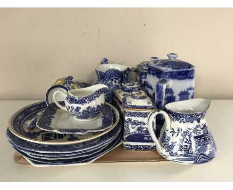 A tray of 20th century blue and white china - Burleigh ware, Spode, Ringtons pieces etc 