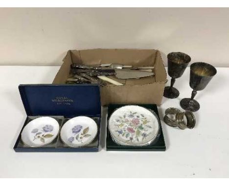 A box of a collection of silver and plated cutlery, boxed Worcester and other bone china plates 