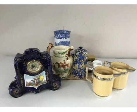 A tray of early 20th century china mantel clock, Crown Devon John Peel jug, Copeland Spode vase milk jug and beaker etc 