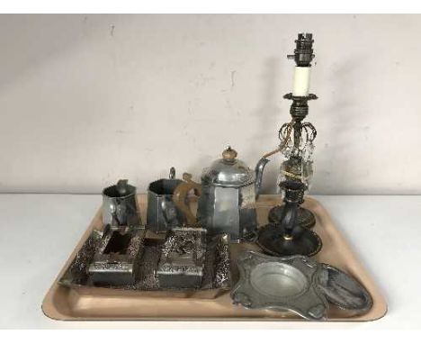 A tray of 1930's Art Deco style pewter tea service, two-tone Japanese metal smoking set, candlestick with crystal drops, pati