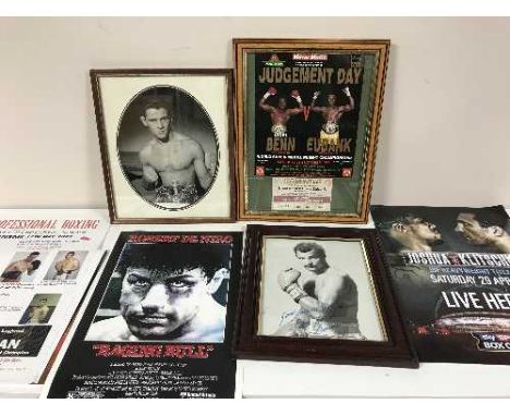 A collection of boxing memorabilia inc. un-framed boxing posters and promotional items, framed Nigel Benn Chris Eubank 1993 t