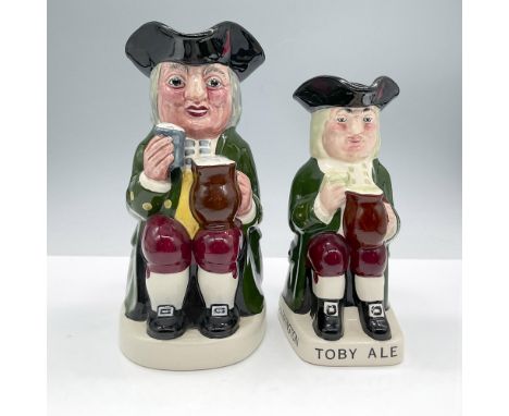 This duo of Toby Ale jugs are modeled in a sitting pose wearing a green jacket, maroon trousers, black hat and shoes. Include